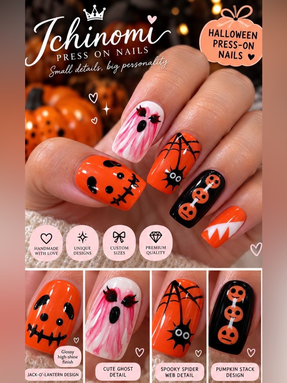 Halloween Press-On Nails - Orange & Black